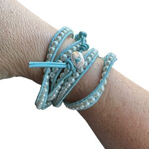 Florence Scovel Pearl Beaded Wrap Bracelet/Necklace Light Blue Leather